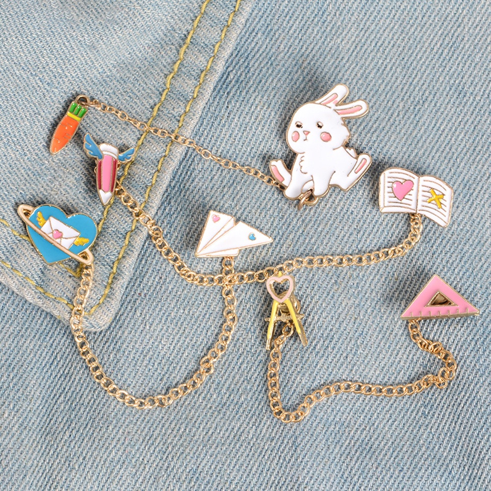 YOML✔Women Cute Rabbit Carrot Heart Book Ruler Denim Jacket Collar Chain Brooch Pin