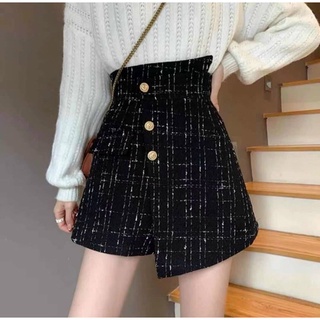 Chân Váy  Dạ Tweed Cạp Lệch Dáng Chữ A Ngắn 3 Cúc Ngọc Có Quần Bảo Vệ Bên Trong Váy Nữ Phong Cách Hàn Quốc..