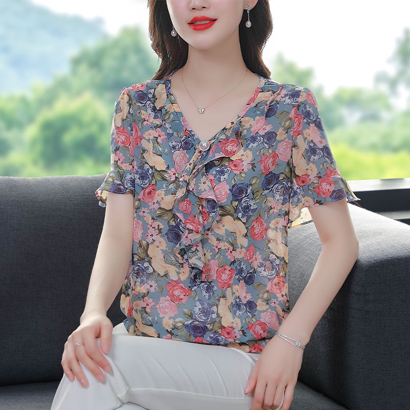 Áo Sơ Mi Voan Hoa Ngắn Tay Dáng Rộng Xinh Xắn Theo Phong Cách Mùa Hè Dành Cho Nữ