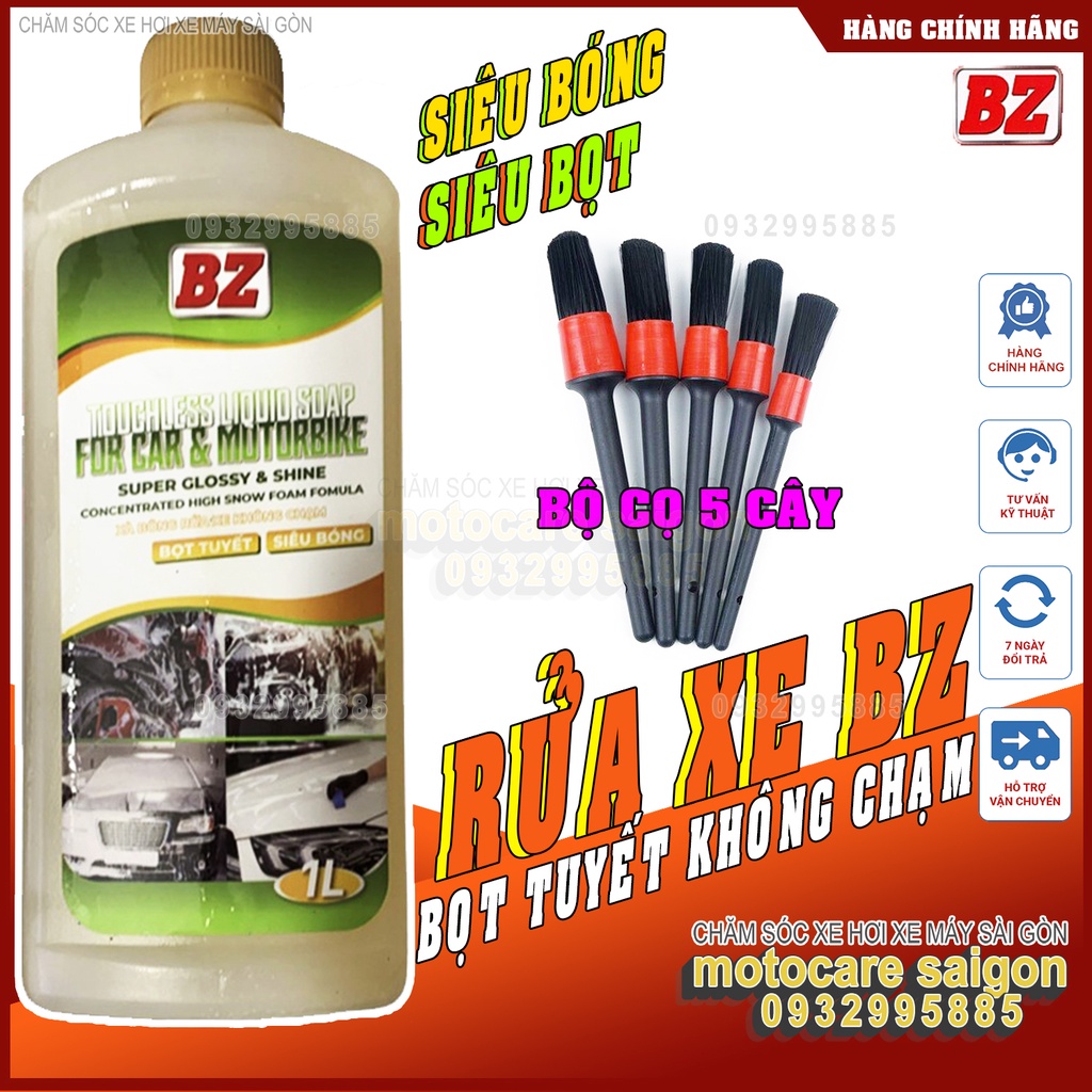 Combo nước rửa xe không chạm BZ + cọ cán đen  5 cây + găng tay + khăn vàng xám + cọ đuôi chó