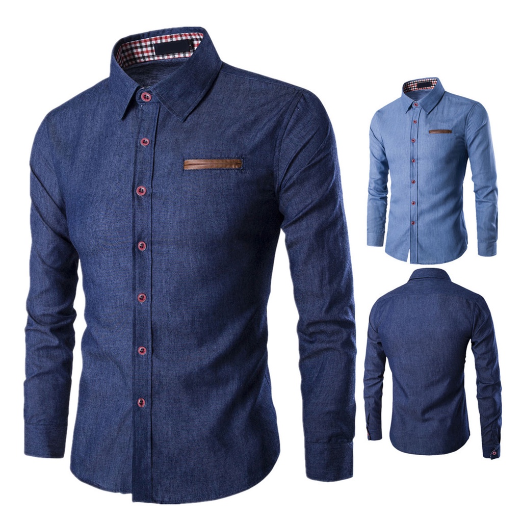 Áo Sơ Mi Jean Ôm Dáng Ghép Vải Một Hàng Nút Màu Trơn Thời Trang Xuân Thu Cho Nam Văn Phòng