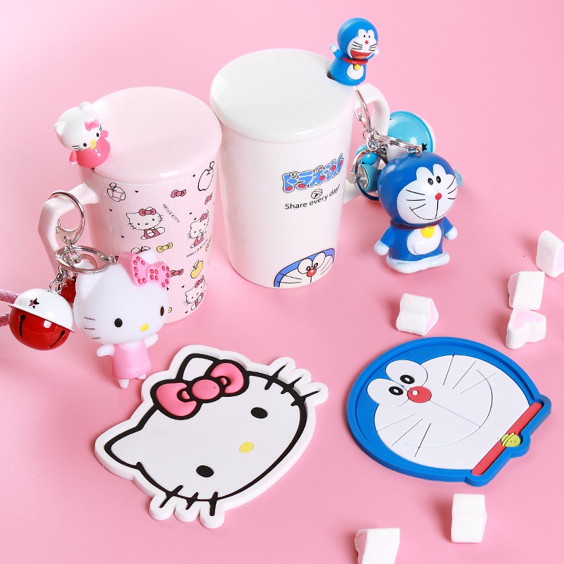 Cốc Sứ Uống Cà Phê Có Nắp Đậy Và Muỗng Hình Hello Kitty / Doremon Đáng Yêu