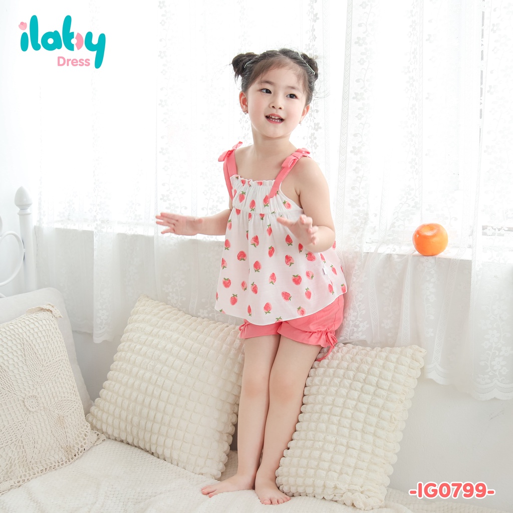 Đồ bộ bé gái ILABY nhún ngực quả dâu chất liệu đũi trơn thoáng mát