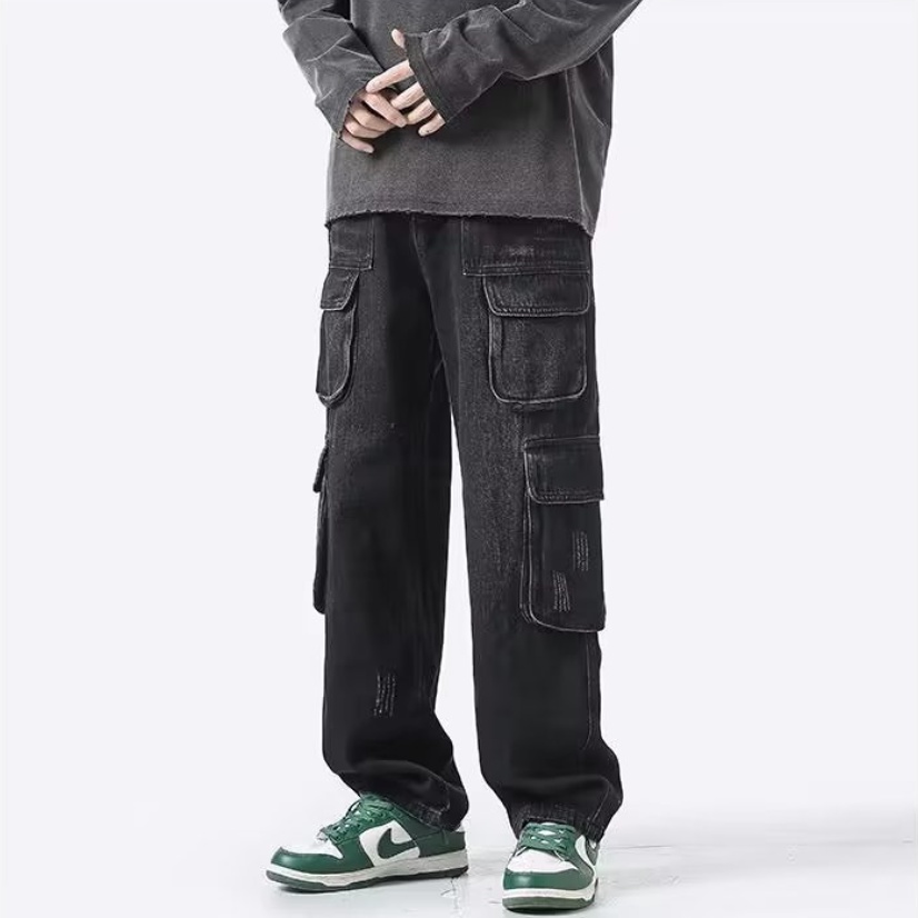 Quần Jean Dài Ống Rộng Nhiều Túi Phong Cách Hàn Quốc Thời Trang Cho Nam Và Nữ