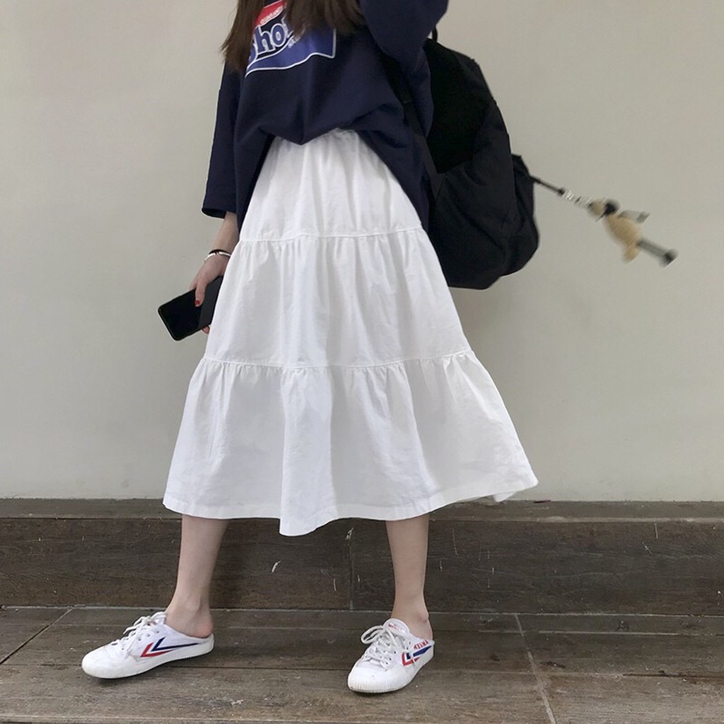 Chân váy 🦋 Vintage váy trắng và đen dáng dài chất cotton mix kèm áo len gile khoác áo thun hay cadigant áo kiểu 2 dây | BigBuy360 - bigbuy360.vn