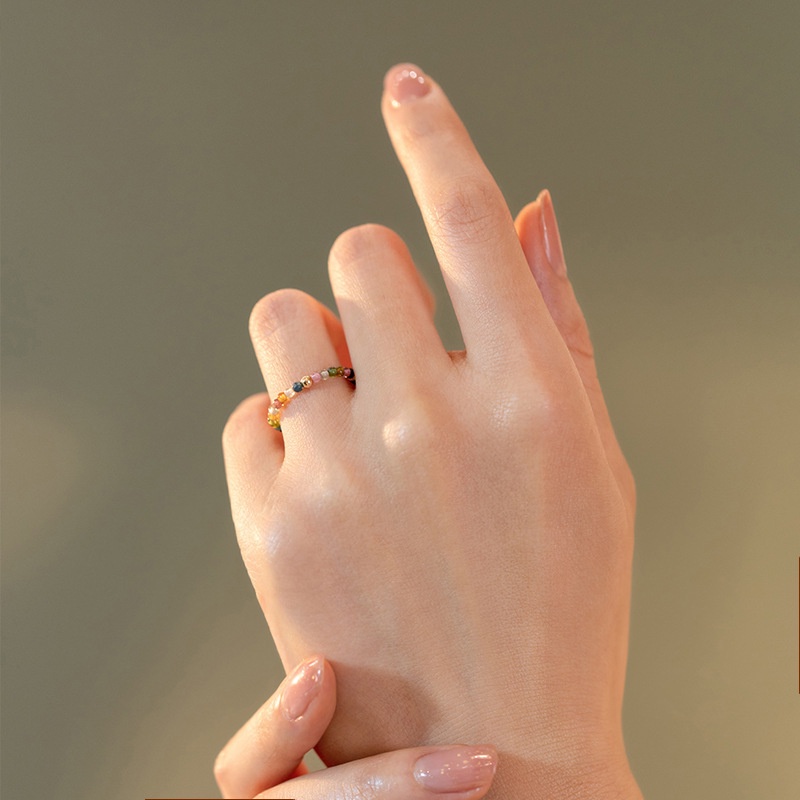 [Hàng Mới Về] Nhẫn Đính Hạt Tourmaline Tròn Màu Cầu Vồng Kích Thước 2mm Dành Cho Nữ