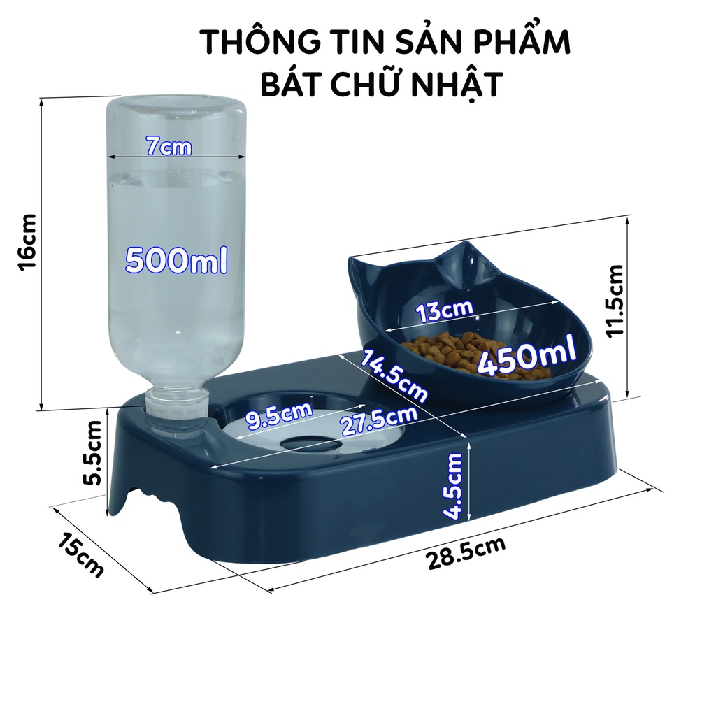 Bát ăn cho chó mèo thú cưng hai ngăn đôi có bát inox khay bình nước tự động hình tai mèo