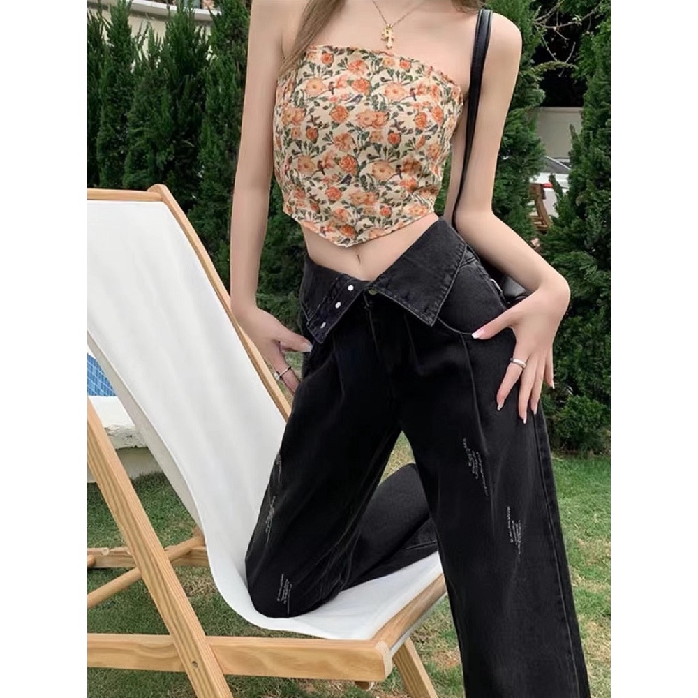 Quần jean ZHELIHANGFEI lưng cao ống rộng phong cách retro Âu Mỹ thời trang cho nữ