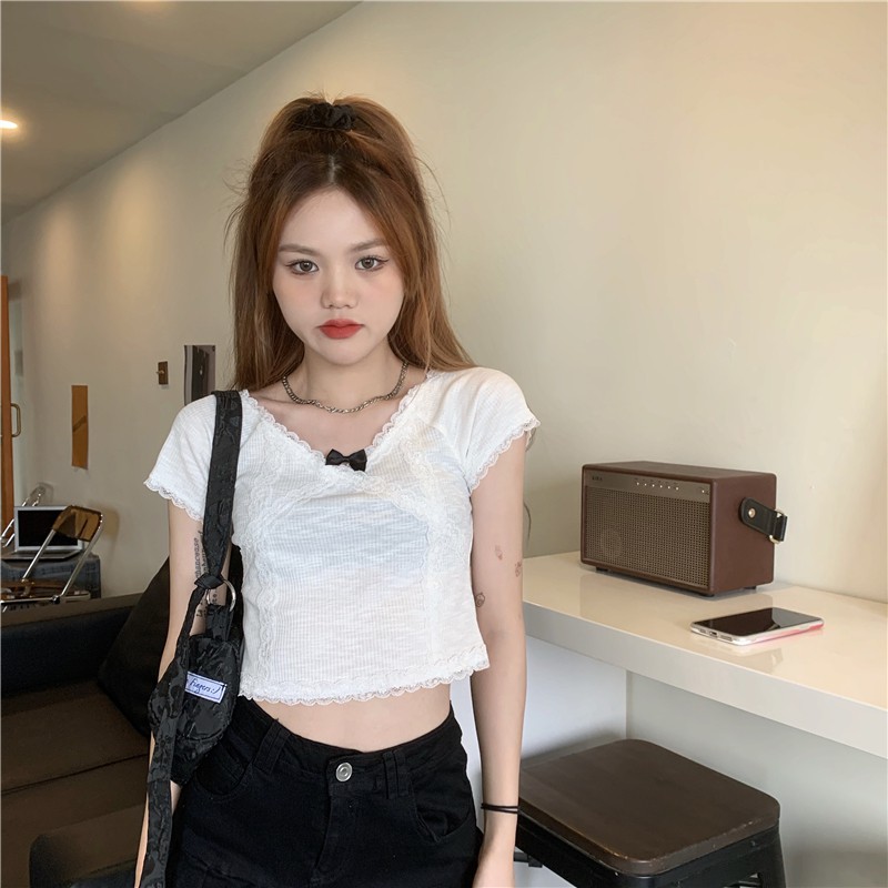 [HOT ORDER] ÁO THUN CROPTOP NGẮN TAY NƠ CỔ ÔM THÂN NỮ TÍNH THỜI TRANG ULZZANG HÀN QUỐC CAO CẤP LOẠI 1