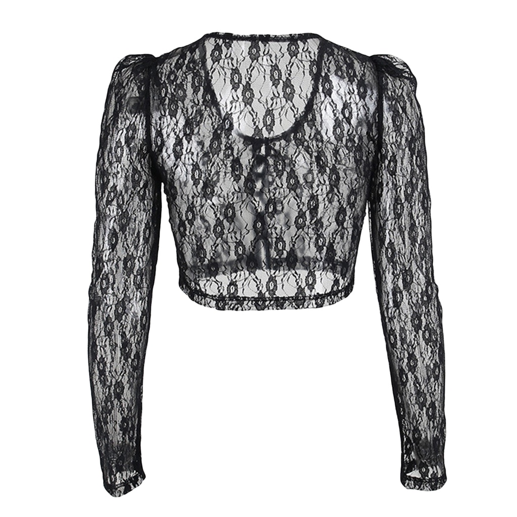 Áo croptop ren xuyên thấu tay dài cổ chữ V quyến rũ cho nữ