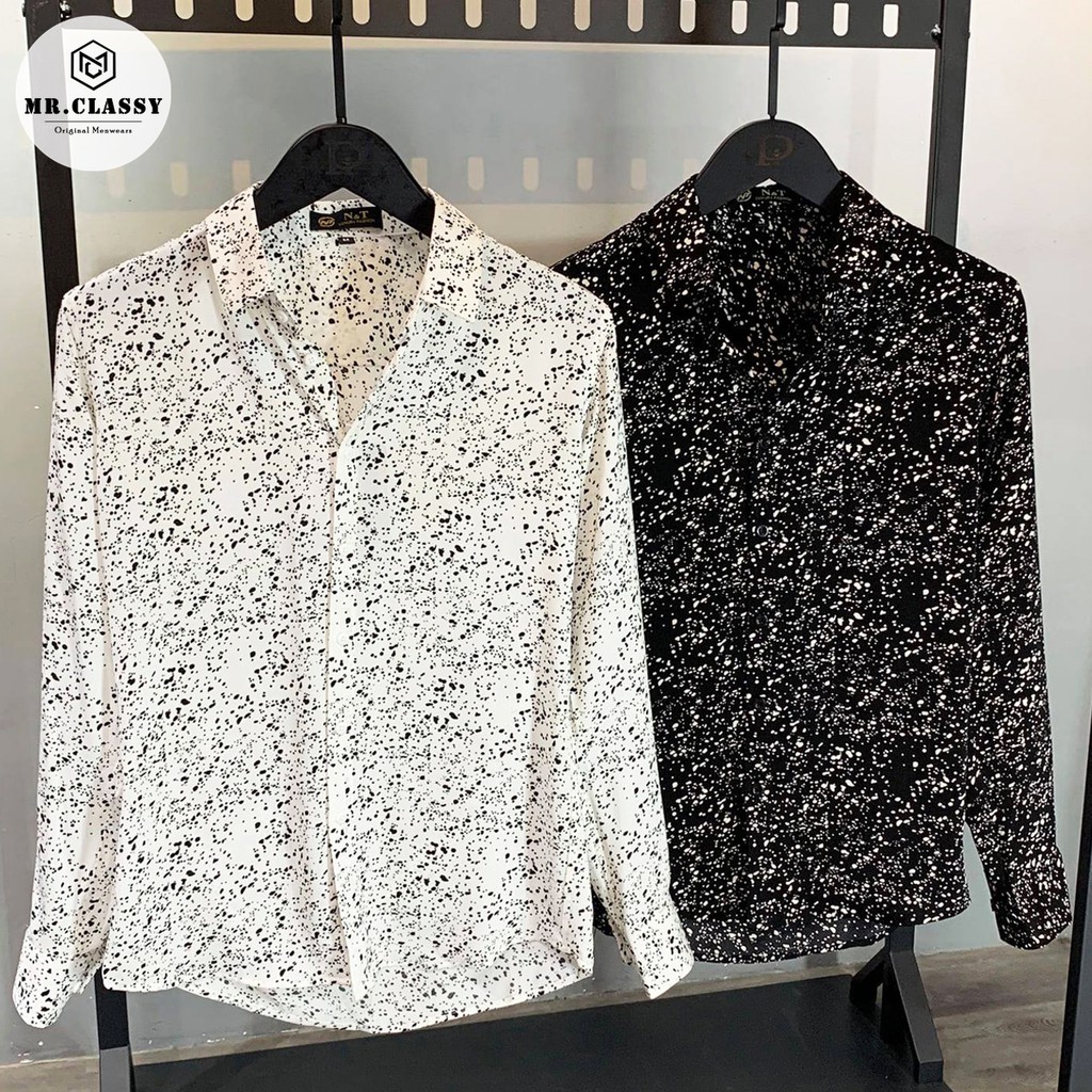 Áo sơ mi nam họa tiết chấm trắng vải lụa Hàn cao cấp mềm mịn thoáng mát co dãn nhẹ | BigBuy360 - bigbuy360.vn