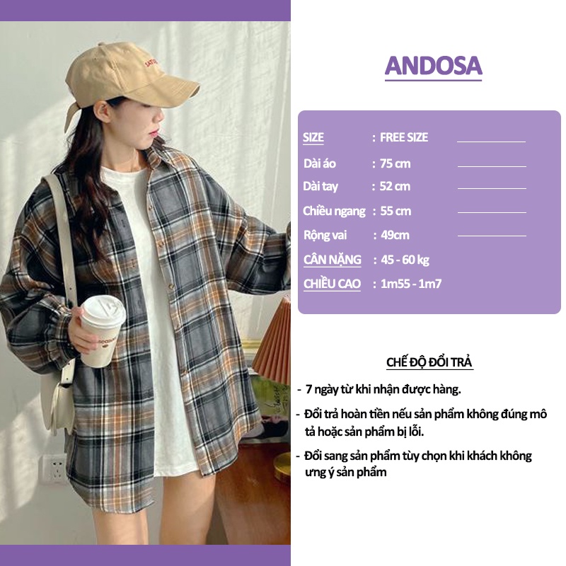 Áo sơ mi nữ form rộng kẻ caro tay dài đẹp hàng nhập Quảng Châu ANDOSA SM02