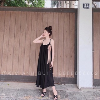 Đầm maxi trơn hai dây đính nơ bên siêu xinh, váy maxi suông trơn hai dây