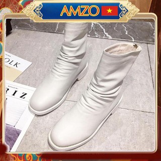 Giày Boot, Giày Boot Nữ - Giày Boot Nữ Hàn Quốc Da Nhăn Cao 2-3Cm Da Mềm Màu Đen - Kem Trắng Êm Chân Năng Động Cao Cấp