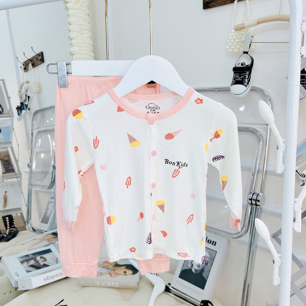 Bộ dài tay thun lạnh cao cấp cho bé sơ sinh 0-11kg, cài khuy giữa vải mềm mát - co giãn 4 chiều - BO100