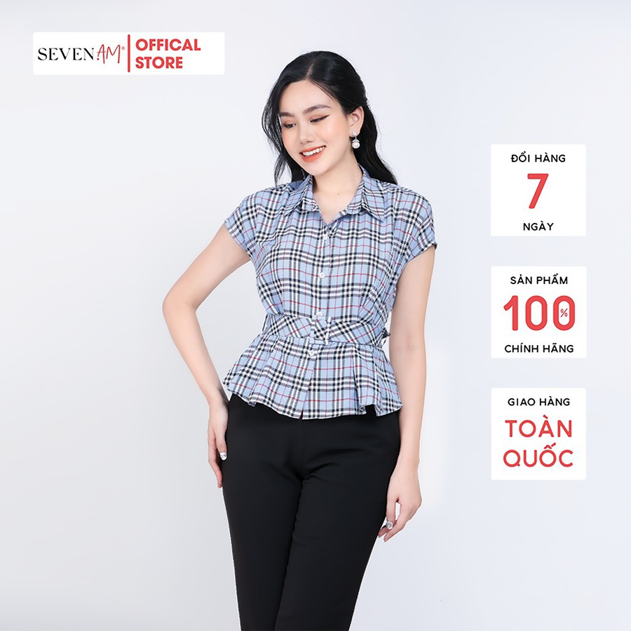 Sơ mi peplum Seven.AM màu xanh kẻ ô đỏ trắng đen kèm đai Y13061P