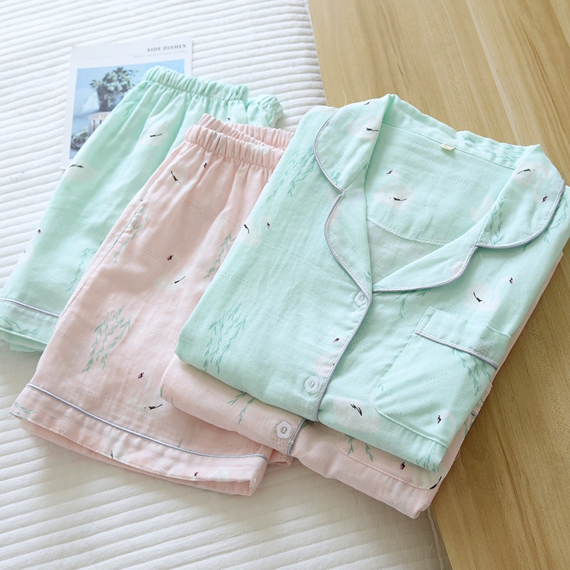 Bộ Đồ Ngủ Nữ Cotton Mát Mẻ Hạc Xanh ♥️ Đồ ngủ vải xô  IVY330