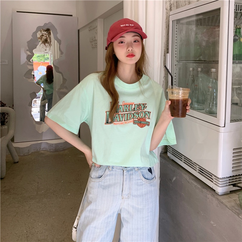 Áo thun tay ngắn cổ tròn dáng rộng in họa tiết phong cách Hàn Quốc trẻ trung dành cho nữ