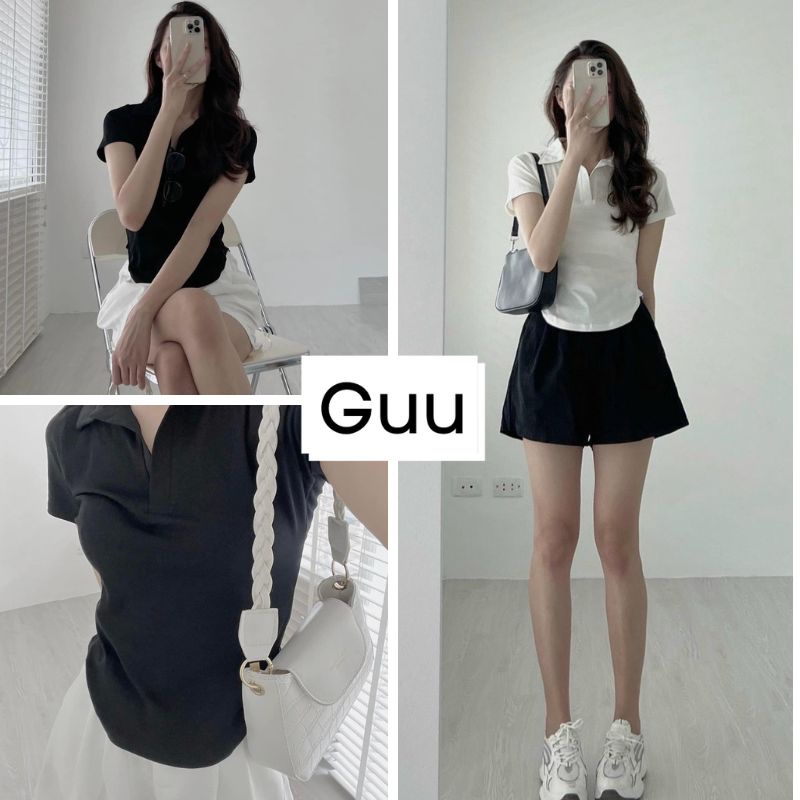 Áo thun polo vạt bầu phối với quần short nữ lưng cao 2 màu đen trắng GUU
