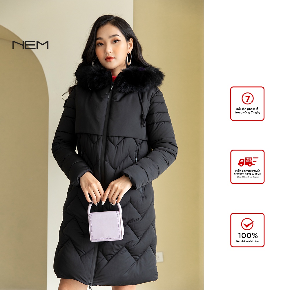 Áo phao nữ thiết kế mũ lông NEM Fashion AK66236 màu đen