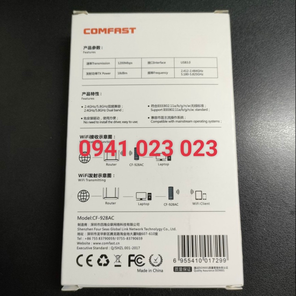 Usb wifi adapter COMFAST 1200Mbps 802.11AC - 2.4G / 5GHz USB 3.0 - hỗ trợ windows 7/10/11 - CF-928AC - Bảo hành 24 tháng