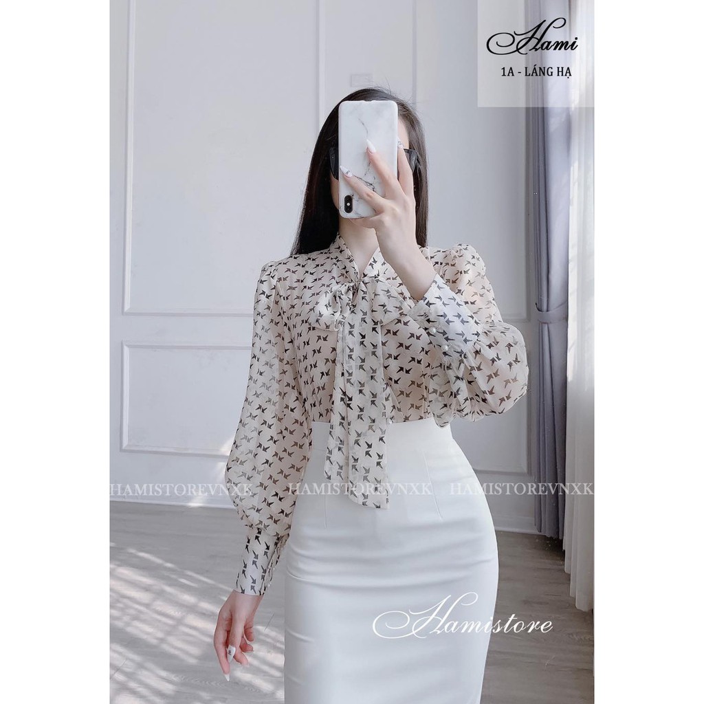 Áo sơ mi cổ nơ họa tiết A400 Hamistore
