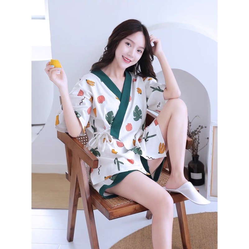 Bộ Đồ Ngủ Vải Cotton Kiểu Kimono Nhật Bản Xinh Xắn Cho Nữ