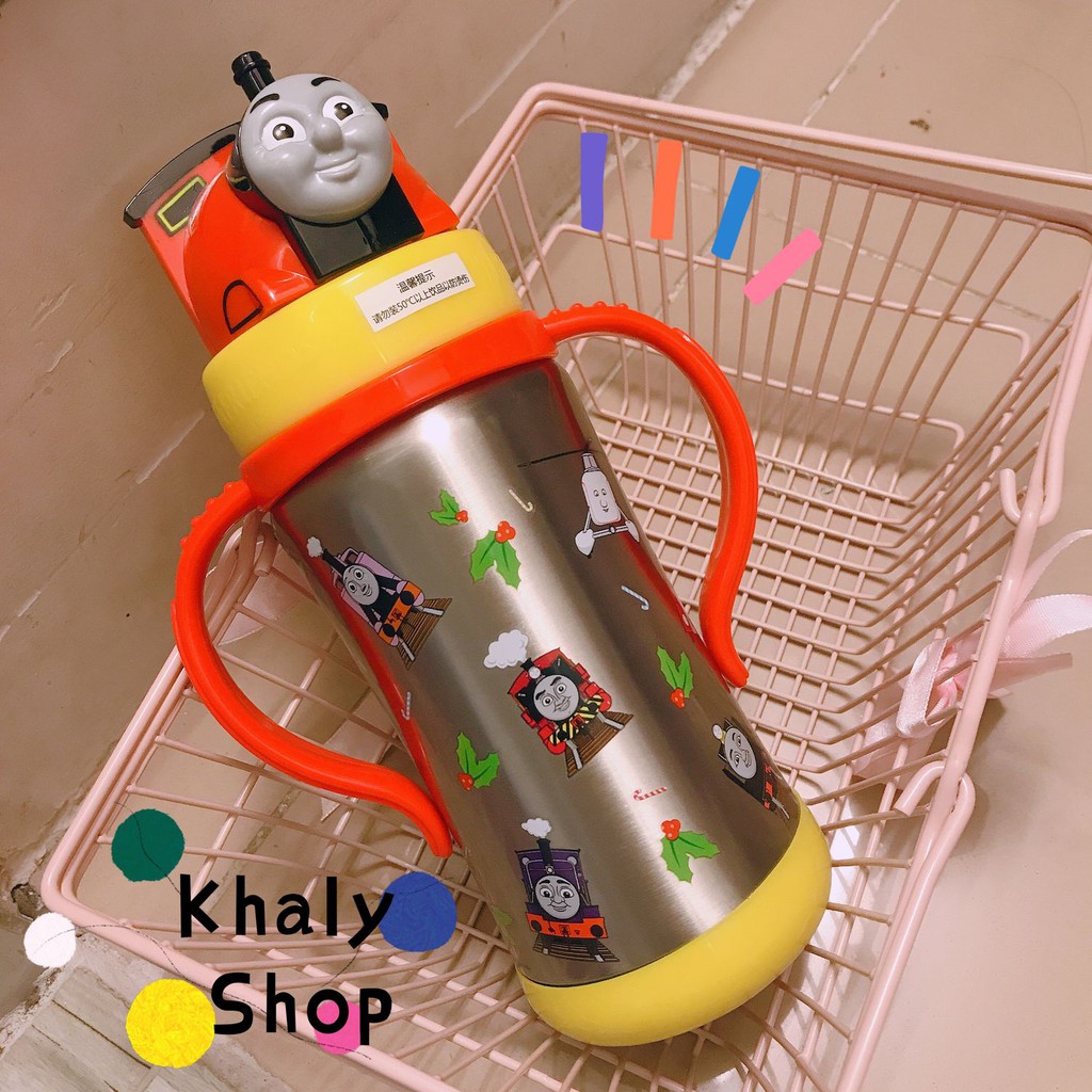 Bình nước giữ nhiệt 2 quai cầm dài có ống hút hình xe lửa Thomas & Friends cho trẻ em, bé trai (350ml)