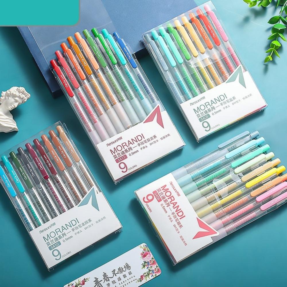 Hộp 9 bút bi bấm Morandi Resun mực gel nhiều màu Pison ngòi viết 0.5mm - 1 bộ