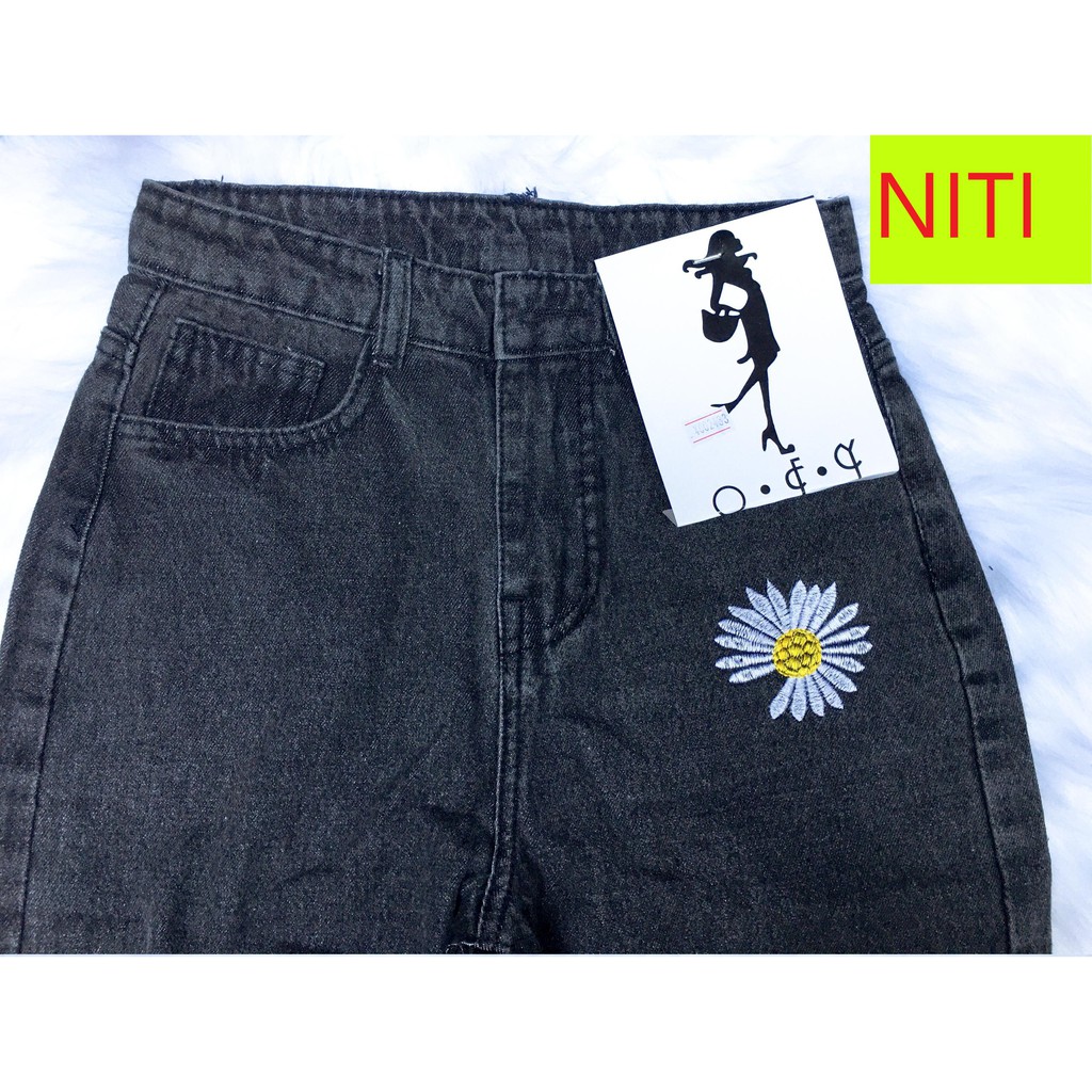[ HÌNH THẬT TỰ CHỤP] QUẦN BAGGY JEAN NỮ LƯNG CAO MÀU XÁM ĐEN THÊU HOA CÚC SIÊU CÁ TÍNH