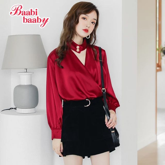 Áo sơ mi lụa cổ chocker tay bồng