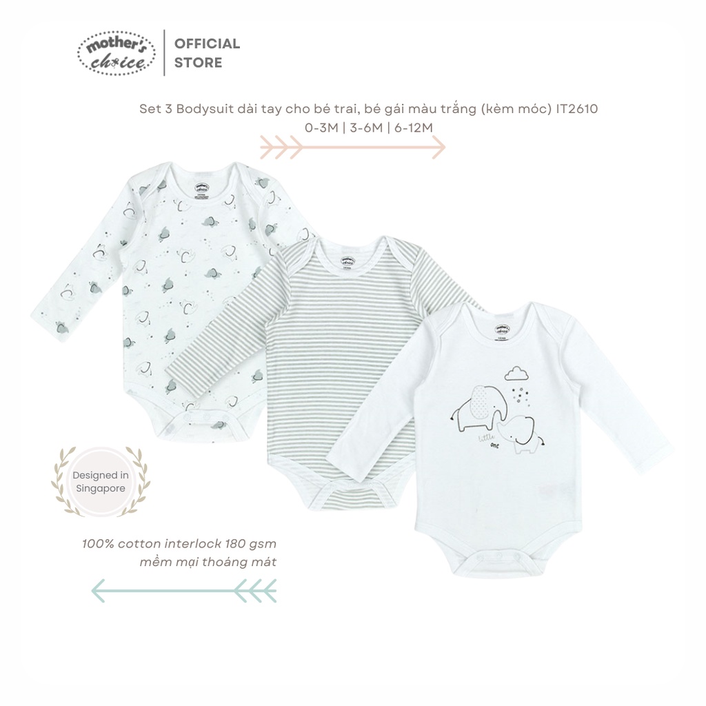Bộ 3 Bodysuit dài tay cho bé trai bé gái màu trắng Mother's Choice - vải 100% cotton mềm mại thoáng mát IT2610