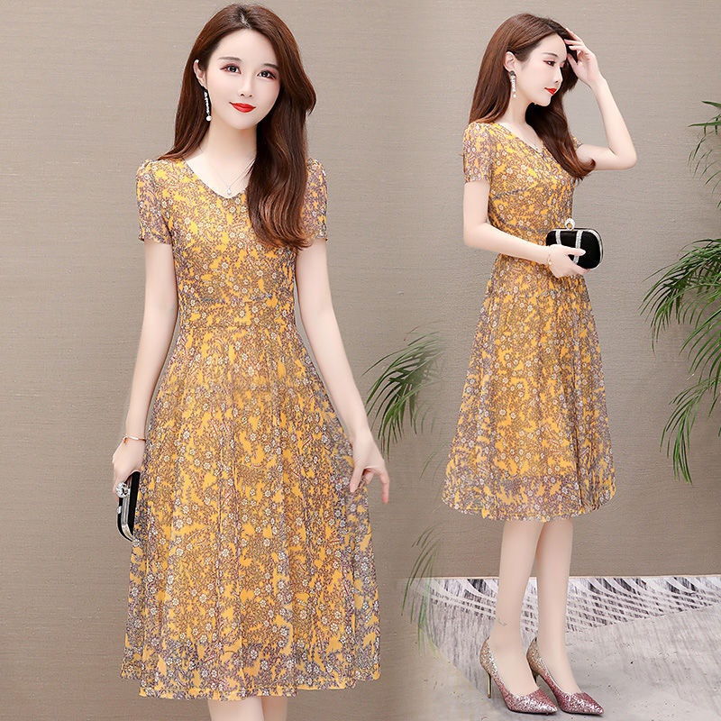 Đầm Cổ Chữ V Phối Lưới Họa Tiết Hoa Phong Cách Mới Cho Phụ Nữ Trung Niên 40-50 Tuổi