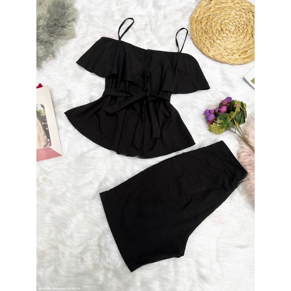 (Có size lớn) Set bộ 2 dây kiểu dáng peplum thắt nơ eo phối quần short ngắn LỤA LINEN cho bạn nữ dạo phố