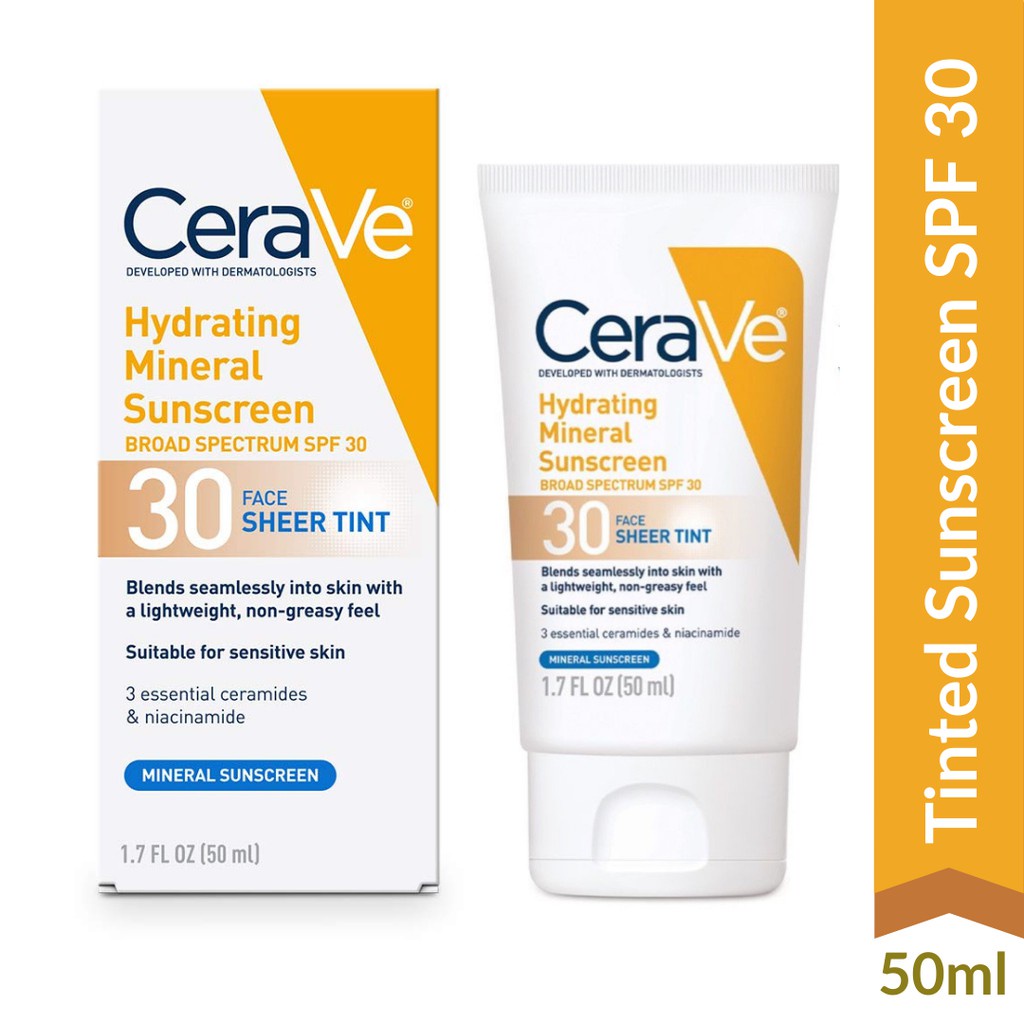 [Bill Mỹ] Kem chống nắng vật lý có màu Cerave Hydrating Mineral Face Sunscreen Spf 30 Sheer Tint 50ml date 2023