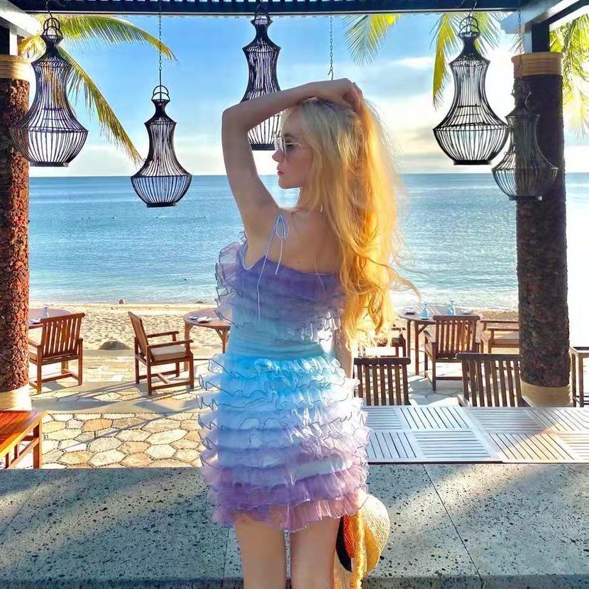 Váy Lưới Tầng Màu Gradient Nhạt Thiết Kế Hai Dây Màu Tím Nhạt Phong Cách Mới Mùa Hè Cho Nữ