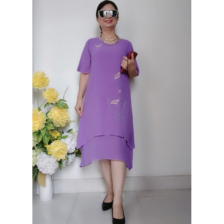 Váy Đầm Trung Niên - Vải Voan Thêu Hoa Tà Cong - Dáng Suông A - Size Từ 53Kg - 95Kg | BigBuy360 - bigbuy360.vn