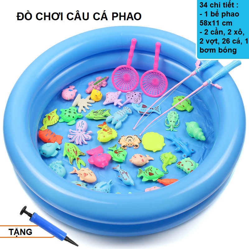Bộ đồ chơi câu cá nam châm bể phao kèm vợt cần câu rổ và bơm cho bé trai gái, quà tặng sinh nhật cho bé