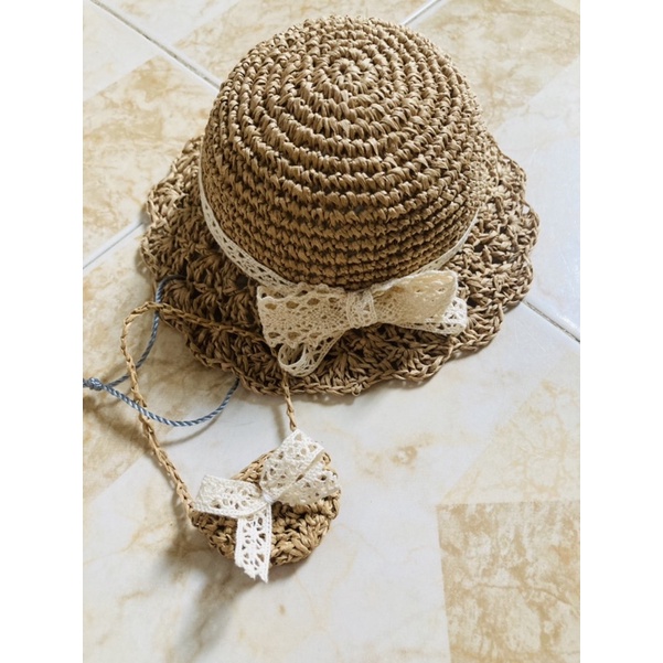 set túi mũ cói màu nâu nhạt cho blythe doll