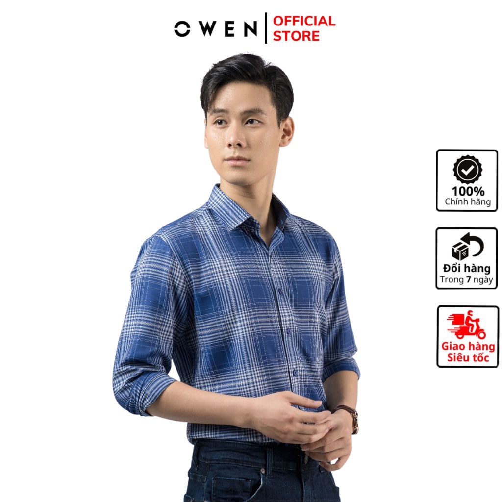 Áo sơ mi nam dài tay OWEN AS220139D somi công sở vải sợi tre cao cấp màu kẻ caro navy trắng dáng ôm tà lượn không túi