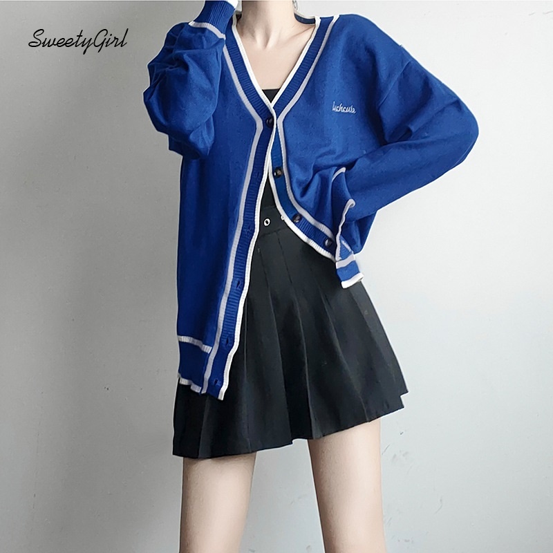 Áo cardigan dệt kim tay dài cổ chữ V thêu chữ thời trang cho nữ