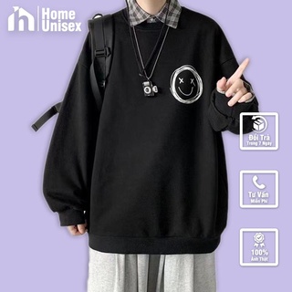 Áo sweater nỉ bông trơn hình icon mặt cười form rộng Unisex