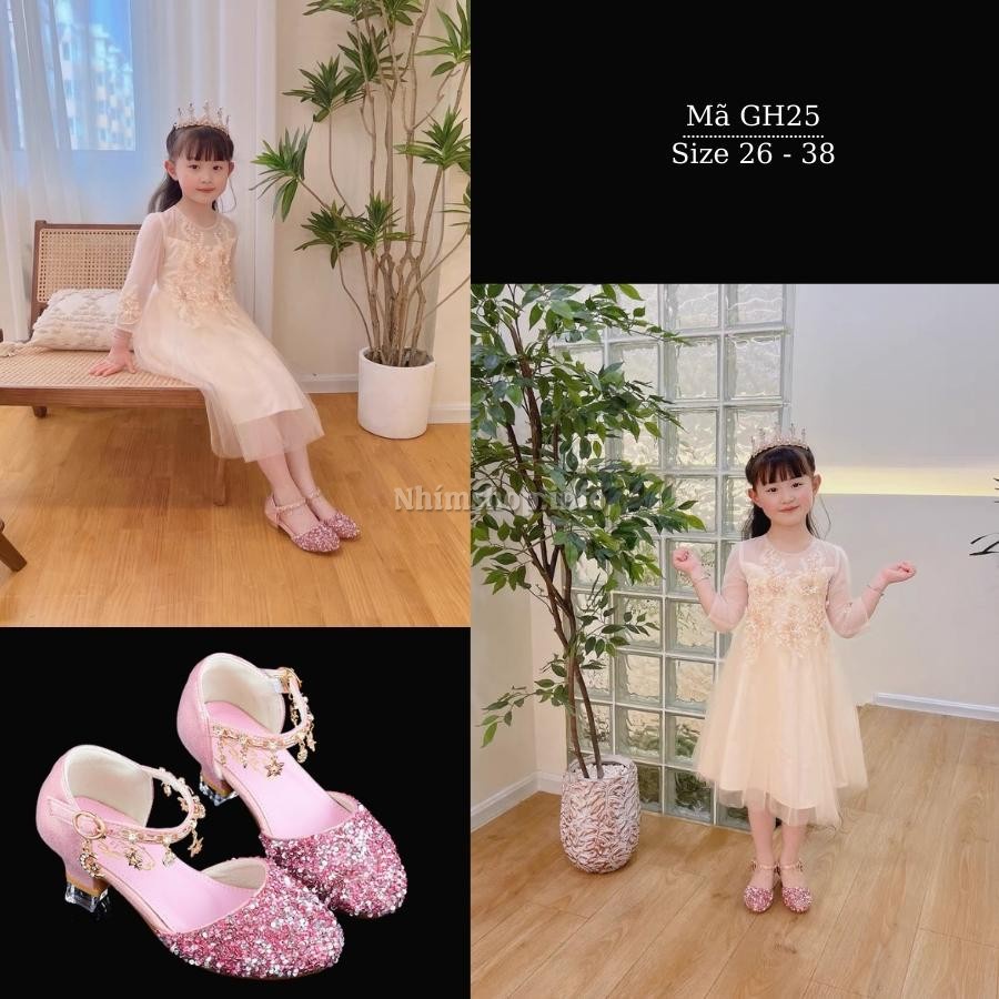 Giày búp bê cao gót đính đá cho bé gái 3 - 12 tuổi quai móc hồng điệu đà phù hợp trẻ em đi tiệc múa khiêu vũ GH25