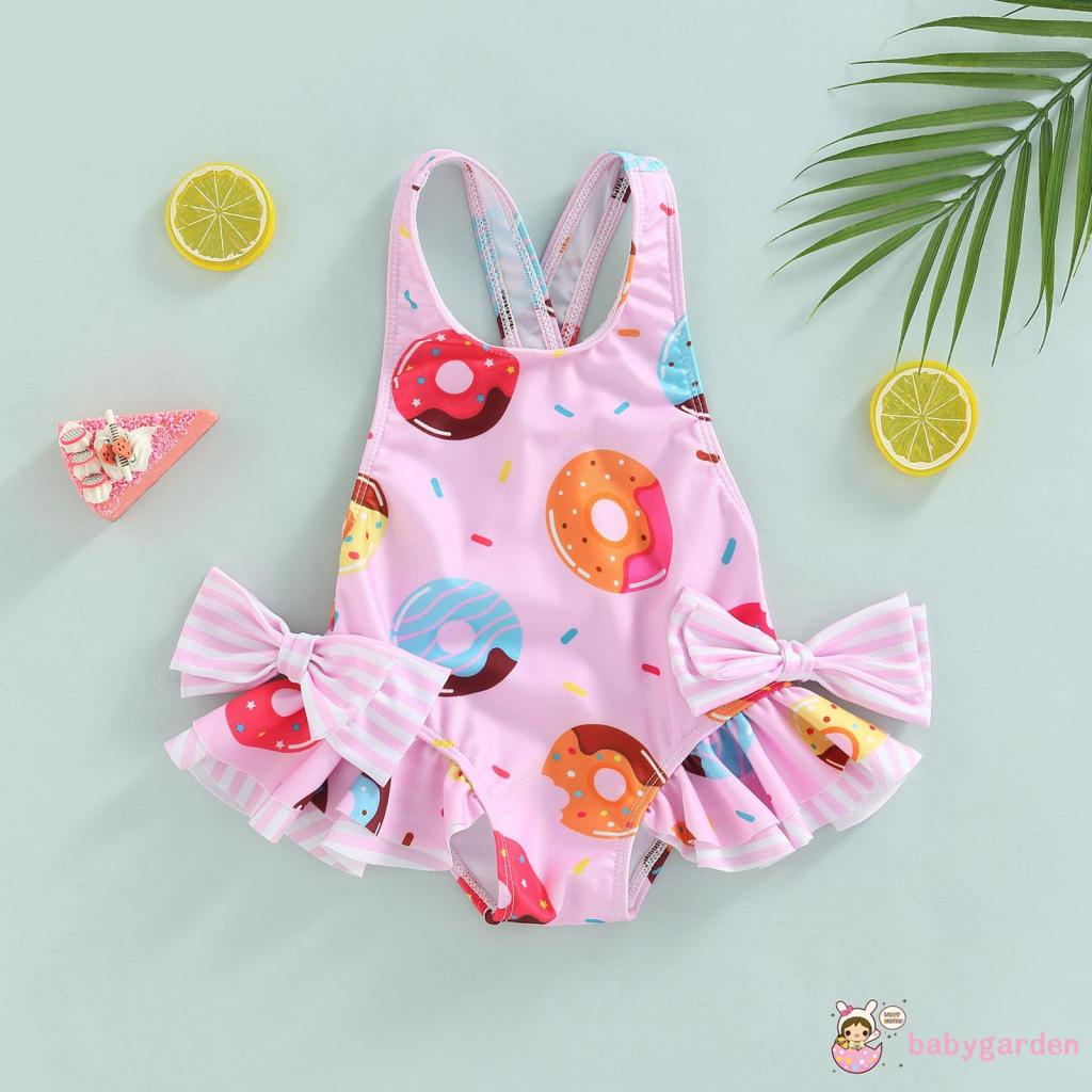 BABYGARDEN-1-6years Baby Girls One-Piece Swimwear, Sleeveless Doughnut/Ice Cream Printed Large Bowknot Ruffled Triangle