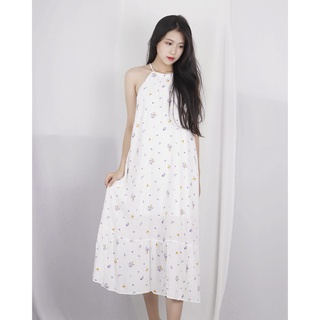 Đầm suông hoa nhí cổ yếm màu trắng dễ thương RD017
