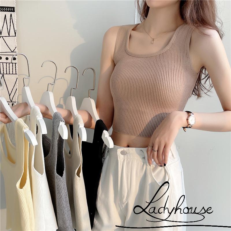 Áo croptop dệt kim sát nách màu sắc đơn giản dành cho nữ