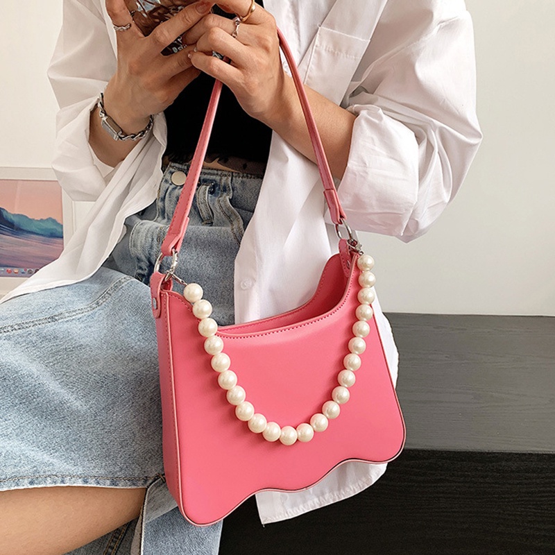 Túi Đeo Chéo Màu Trơn Đính Hạt Ngọc Trai Giả Cao Cấp Thời Trang Cho Nữ