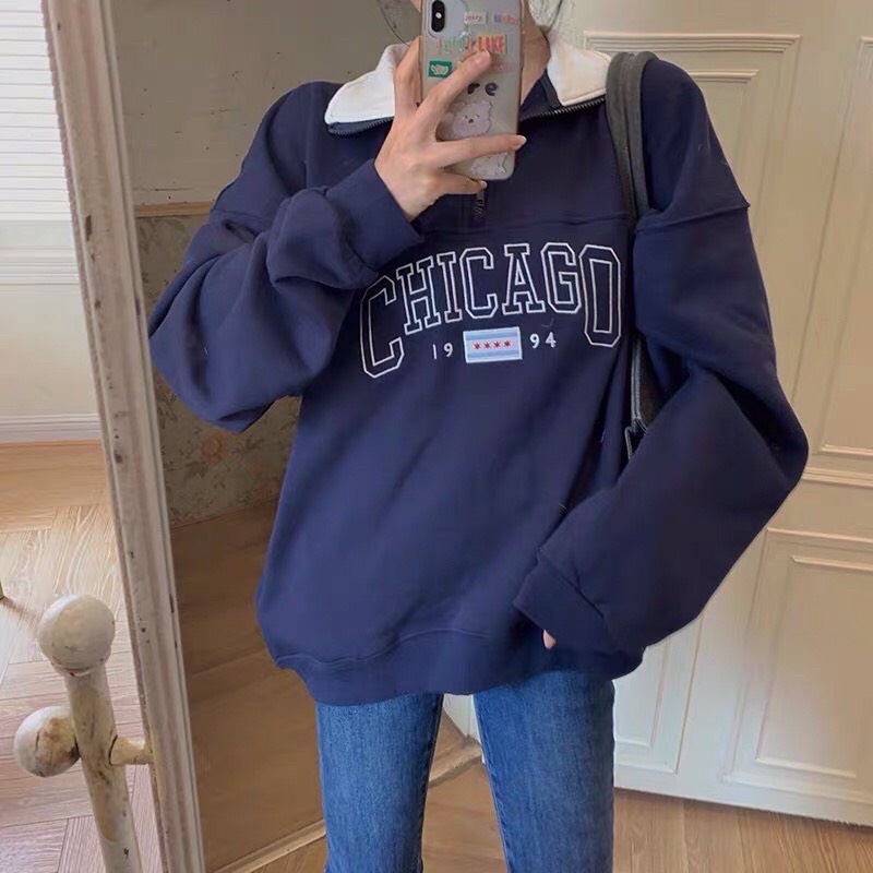 Áo Sweater Nỉ Cổ Khóa thêu chữ CHICAGO 1994- áo Thun Nữ Dài Tay Cổ Bẻ Chữ In | BigBuy360 - bigbuy360.vn