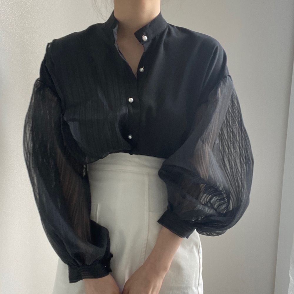 Áo sơ mi cổ đứng tay lưới thời trang hè cho nữ