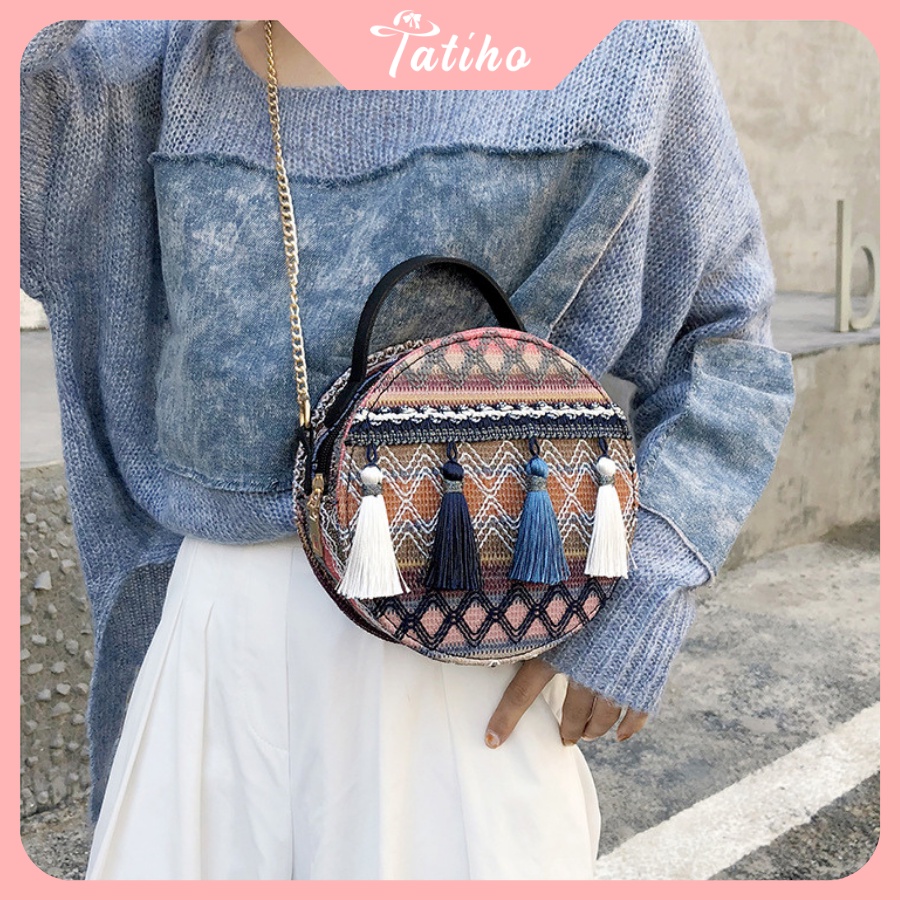 [HÀNG XỊN, GIÁ TỐT] Túi BoHo ( Túi Thổ Cẩm) Đeo Chéo Hình Tròn Phối Tua Rua Thời Trang - Mã TUI51